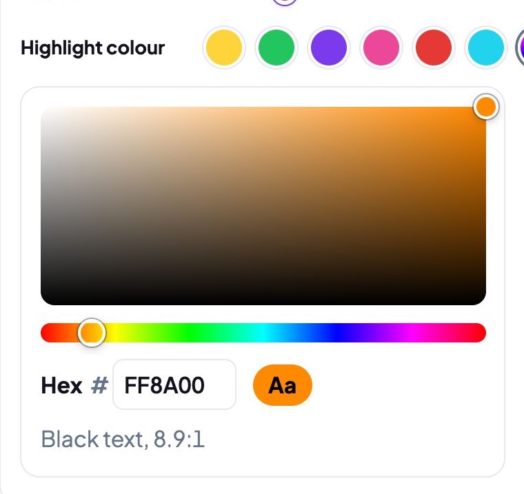 The caption Style panel's highlight colours: six presets and a rainbow circle, open below as a colour picker with a shade square, a hue slider, the hex code FF8A00, and an orange sample pill with black text, labelled Black text, 8.9 to 1