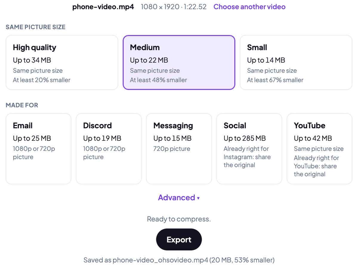 Oh So Video's compressor with a 42 MB, 1080 by 1920 phone video: the Medium card chosen, and the result line reading Saved as phone-video_ohsovideo.mp4 (20 MB, 53% smaller)